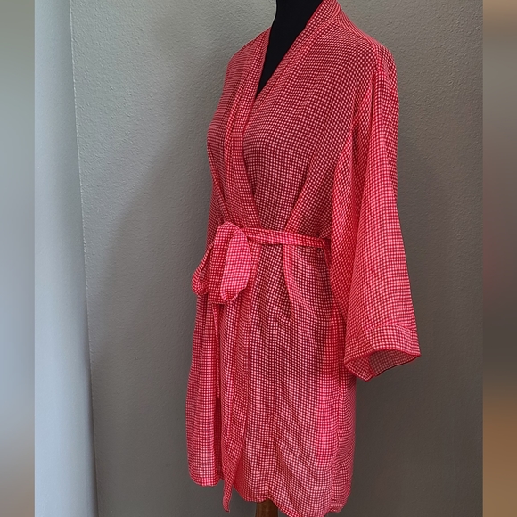 Murano Red Checkered Long Sleeve Short Lingerie Lounge Robe - Picture 3 of 11
